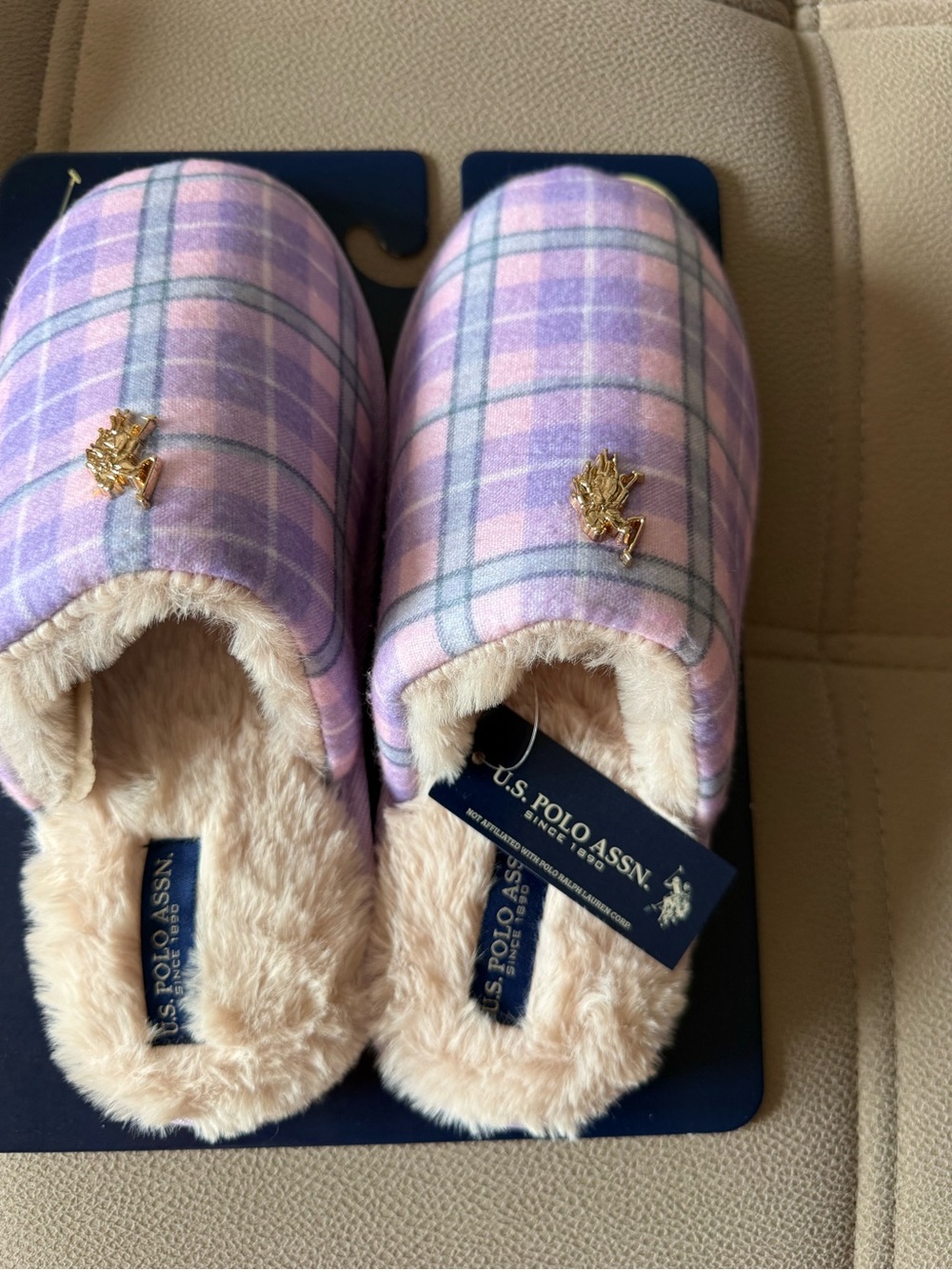 U.S. Polo Assn. Pink and Lavender Plaid Fleece-Lined Slip-On Slippers